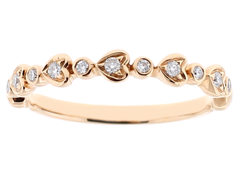 Ladies Stackable Band with Round and Heart Shaped Designs Around Bezel Set Diamonds in 18k Rose Gold