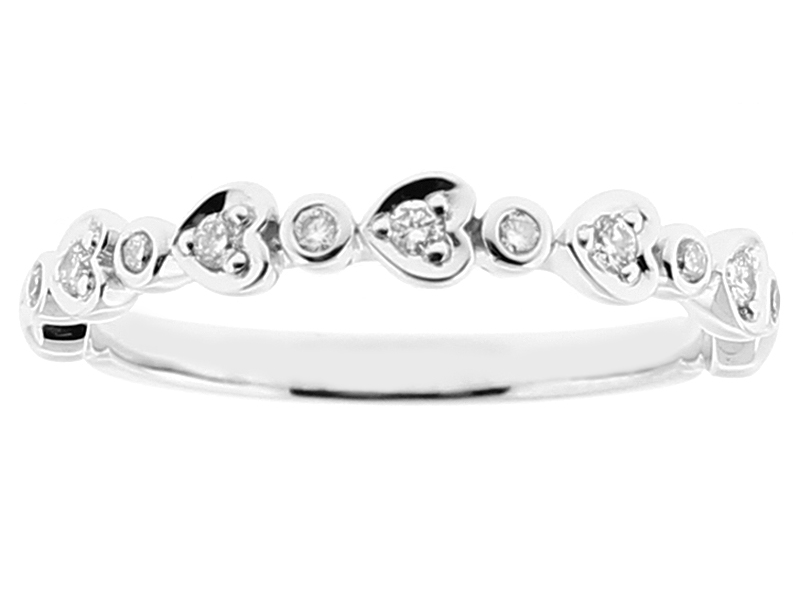 Ladies Stackable Band with Round and Heart Shaped Designs Around Bezel Set Diamonds in 18k White Gold