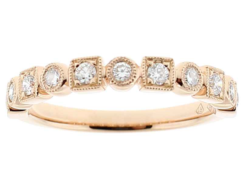 Ladies Multi-Shape Stackable Band with Diamonds Surrounded by Milgrain Detail in 18k Rose Gold