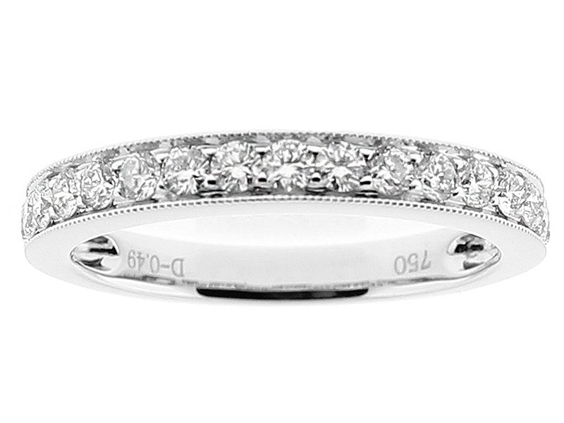 Ladies Single Row Wedding Band with Diamonds Bordered by Milgrain Detail in 18k White Gold