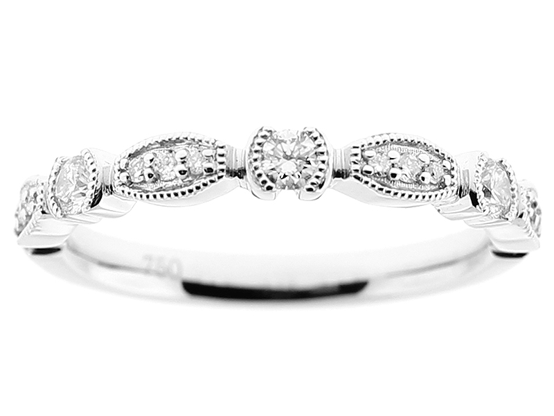 Ladies Stackable Band with Diamonds Surrounded by Milgrain Detail in 18k White Gold