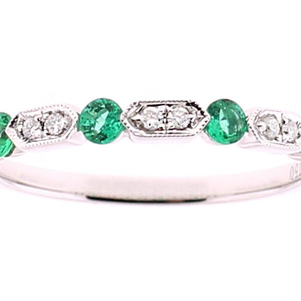 Ladies Emerald Stackable Band with Diamonds and Milgrain Detail in 18k White Gold