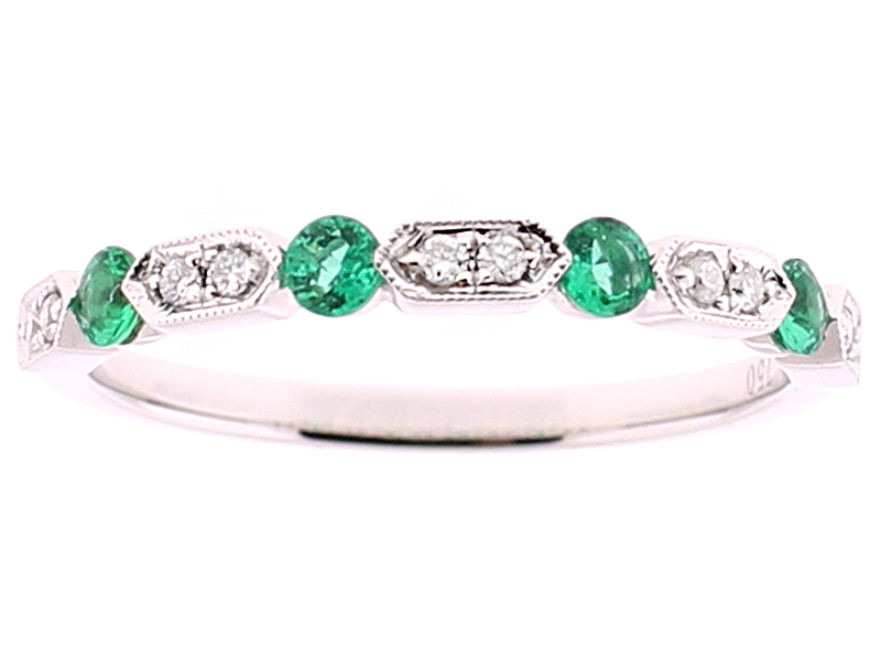 Ladies Emerald Stackable Band with Diamonds and Milgrain Detail in 18k White Gold
