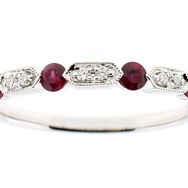 Ladies Stackable Ruby Band with Diamonds and Milgrain Detail in 18k White Gold