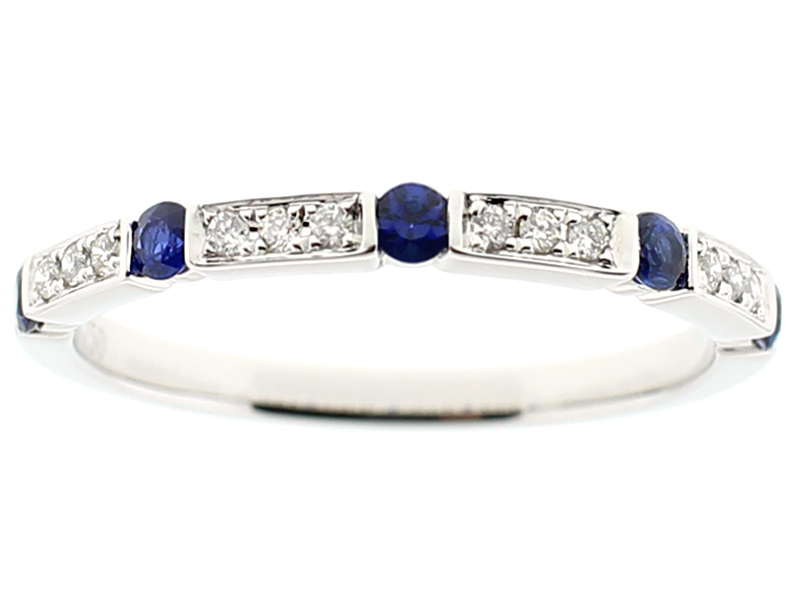 Ladies Stackable Sapphire Band with Diamonds and Milgrain Detail in 18k White Gold
