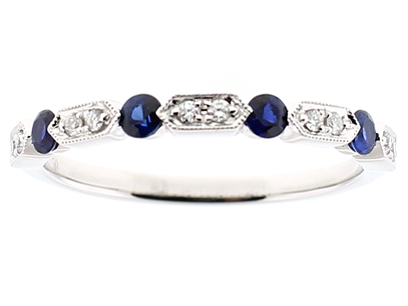 Ladies Stackable Sapphire Band with Diamonds and Milgrain Detail in 18k White Gold