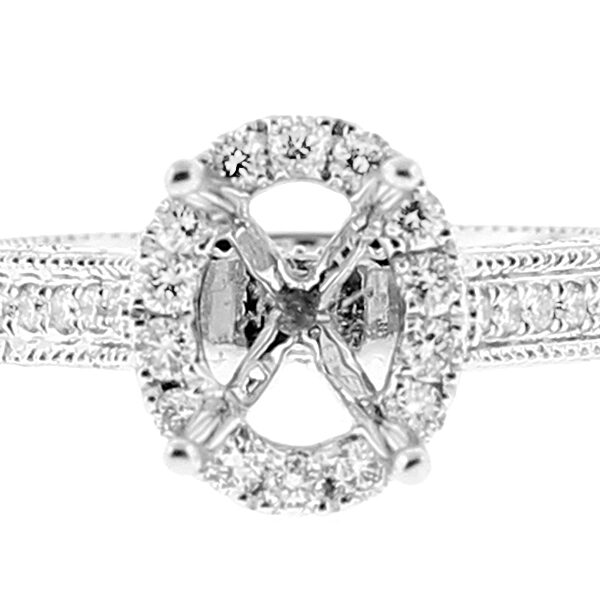 Semi Mount Oval Halo Engagement Ring with Diamonds and Milgrain Detail in 18k White Gold