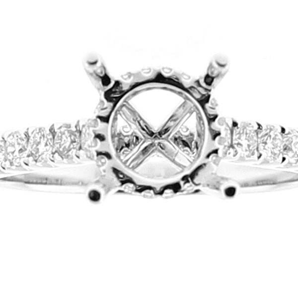 Semi-Mount 4 Prong Engagement Ring with Diamonds on Shank and Bridge in 18k White Gold