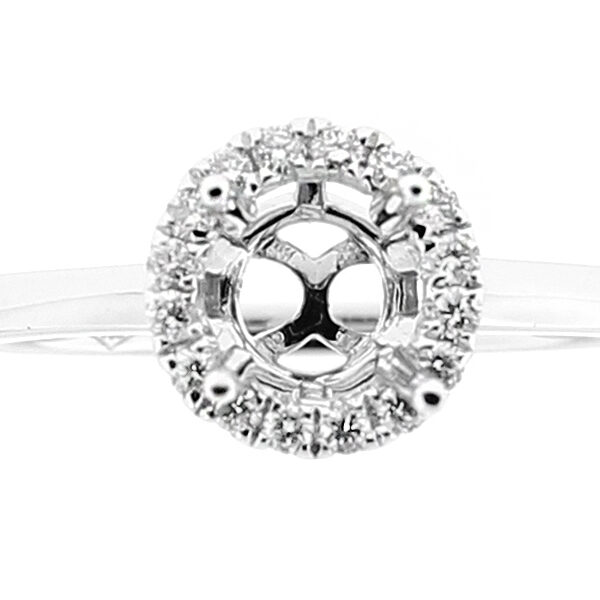 Semi-Mount Solitaire Style Engagement Ring with Halo of Diamonds in 18k White Gold