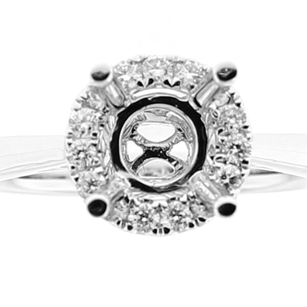 Semi-Mount Solitaire Style Engagement Ring with Halo of Diamonds in 18k White Gold