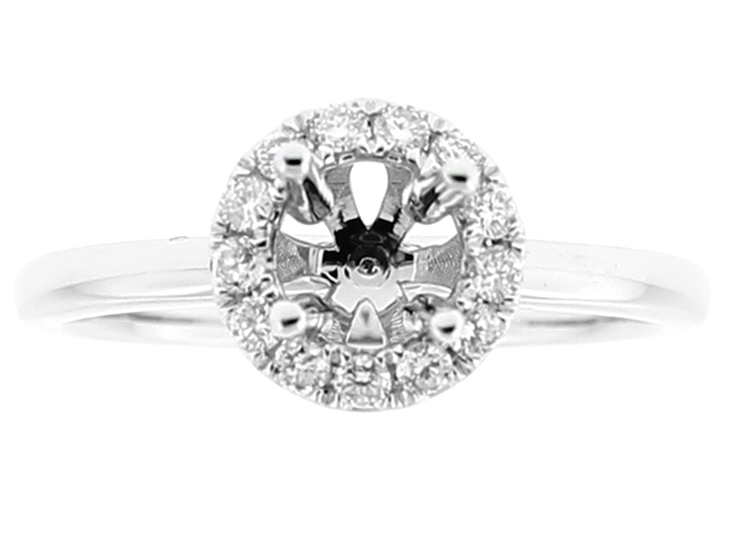 Semi Mount Round Halo Solitaire Style Engagement Ring with Diamonds in 18k White Gold
