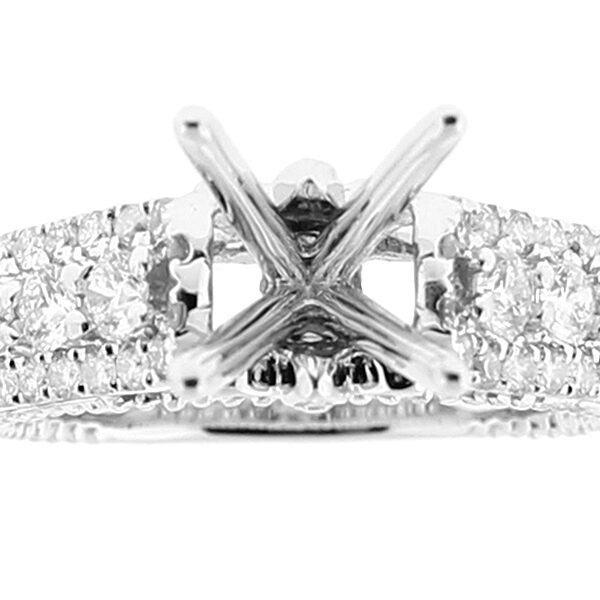 Semi Mount 4 Prong Engagement Ring with Triple Row of Diamonds in 18k White Gold