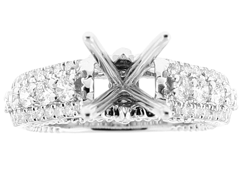 Semi Mount 4 Prong Engagement Ring with Triple Row of Diamonds in 18k White Gold