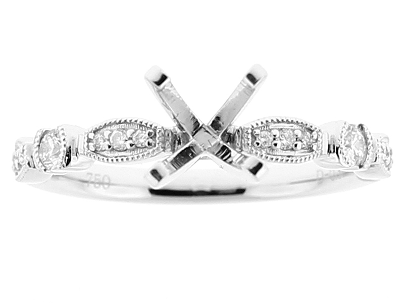 Semi Mount Milgrain Engraved Engagement Ring with Diamonds in 18k White Gold