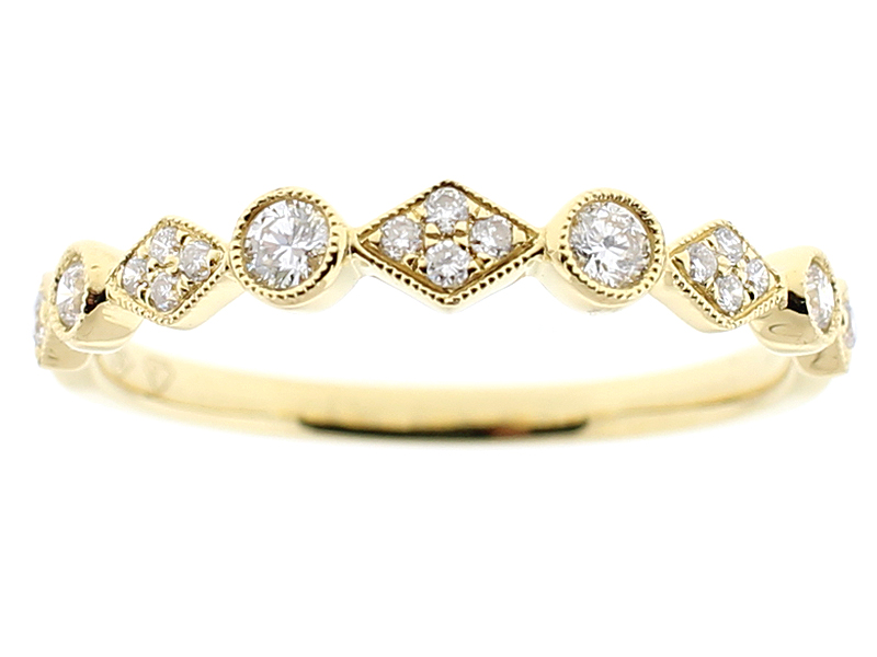 Ladies Milgrain Engraved Multi Shape Stackable Band with Prong and Bezel Set Diamonds in 18k Yellow Gold