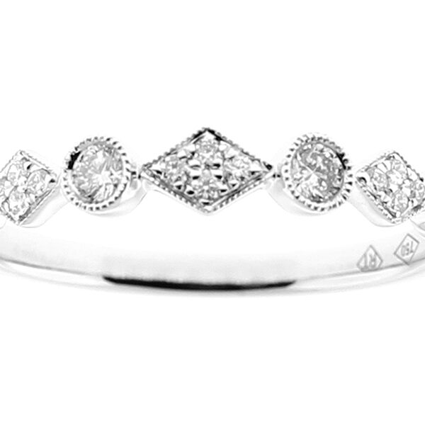 Ladies Milgrain Engraved Multi Shape Stackable Band with Prong and Bezel Set Diamonds in 18k White Gold