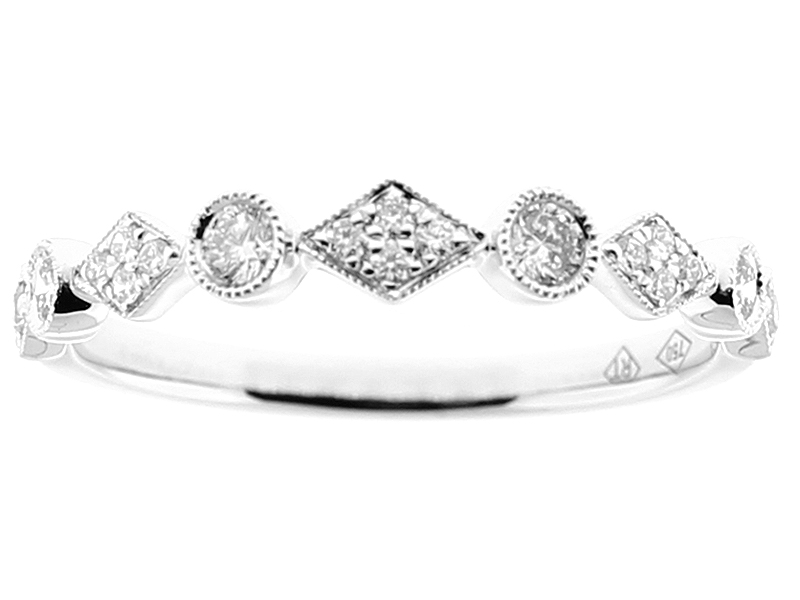 Ladies Milgrain Engraved Multi Shape Stackable Band with Prong and Bezel Set Diamonds in 18k White Gold