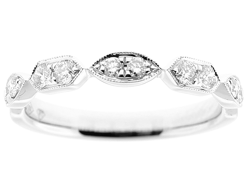Ladies Milgrain Engraved Band with Diamonds in 18k White Gold