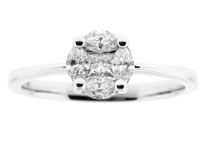 Solitaire Style Fashion Ring with Princess and Marquise Cut Diamonds in 18k White Gold