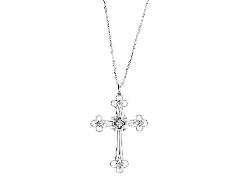 Cross Pendant with Milgrain Design and Diamonds in 18k White Gold