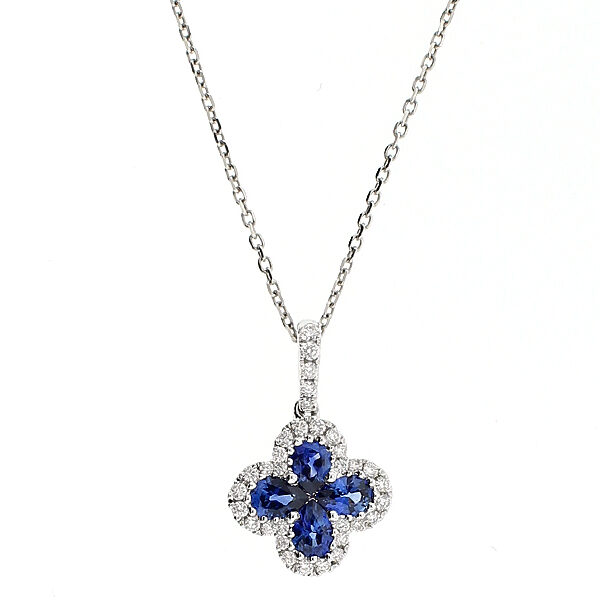 Clover Style Sapphire Pendant with Halo of Diamonds in 18k White Gold