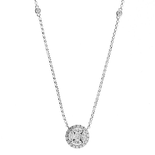 Round Pendant with Marquise, Round, and Princess Cut Diamonds in 18k White Gold