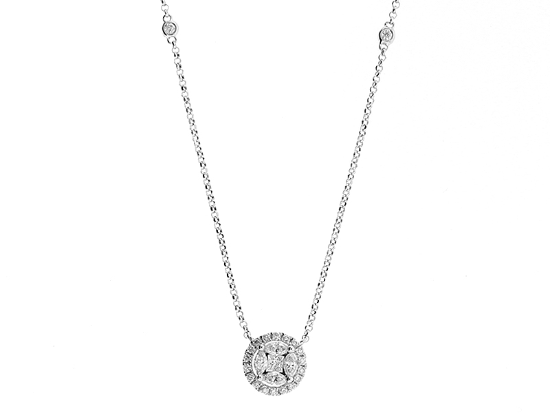 Round Pendant with Marquise, Round, and Princess Cut Diamonds in 18k White Gold