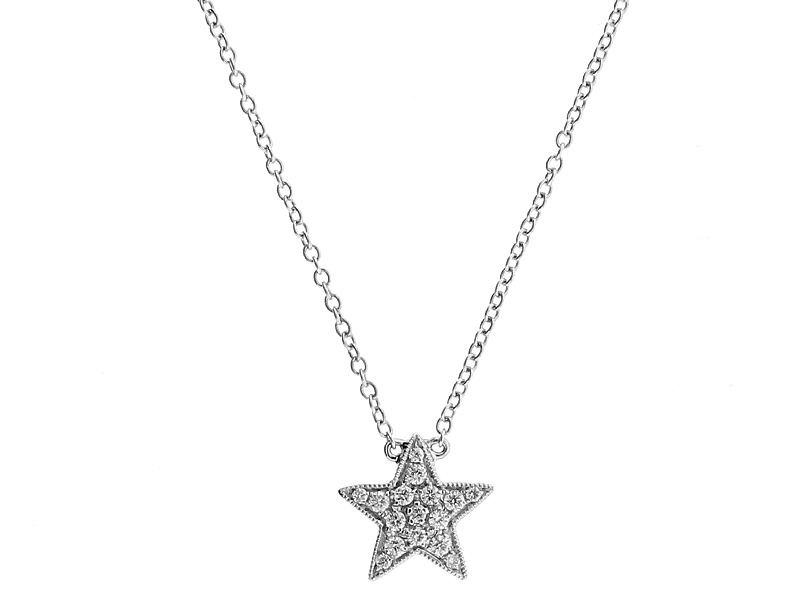 Star Pendant with Diamonds Bordered by Milgrain in 18k White Gold