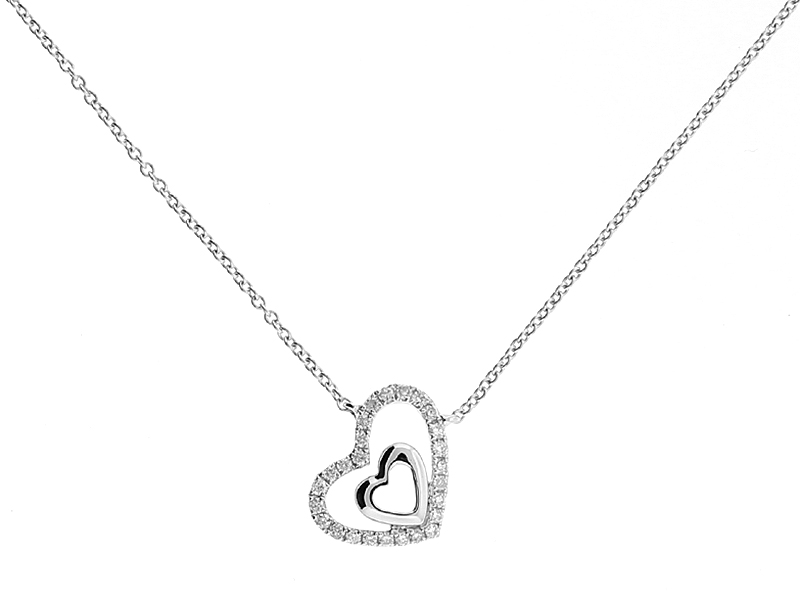 Tilted Double Heart Pendant with Diamonds in 18k White Gold