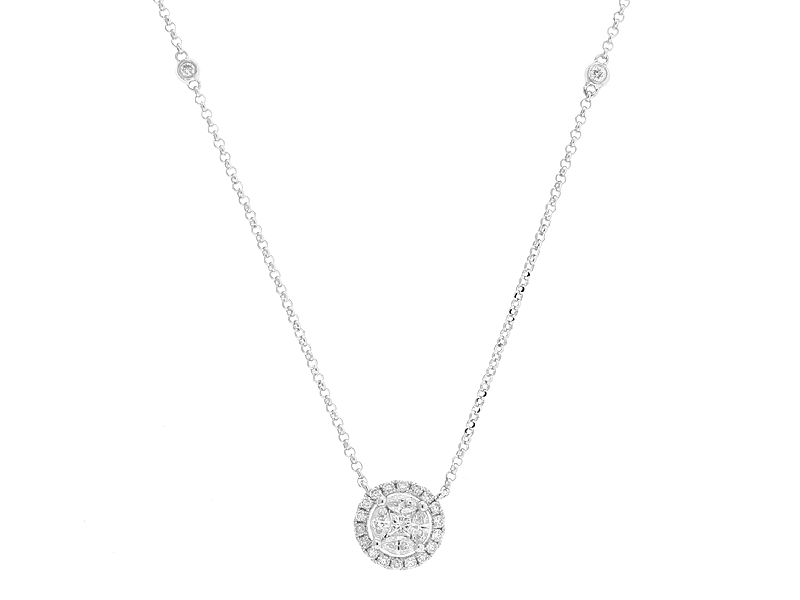 Round Halo Style Necklace with Marquise, Round, and Princess Cut Diamonds in 18k White Gold
