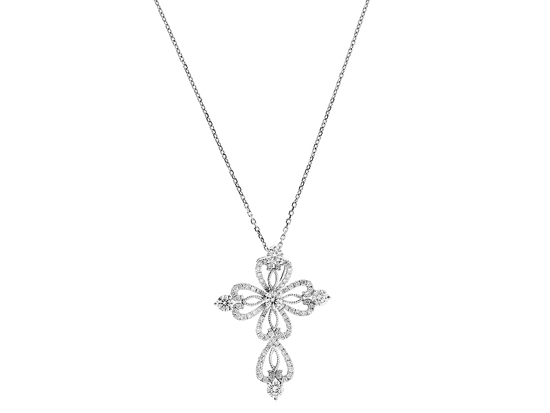 Cross Pendant with Heart Designs of Diamonds in 18k White Gold