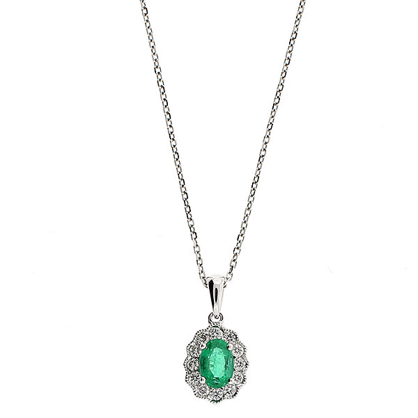 Emerald Pendant with Halo of Diamonds and Milgrain Detail in 18k White Gold