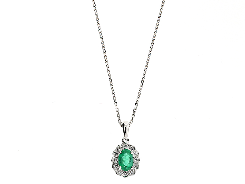 Emerald Pendant with Halo of Diamonds and Milgrain Detail in 18k White Gold