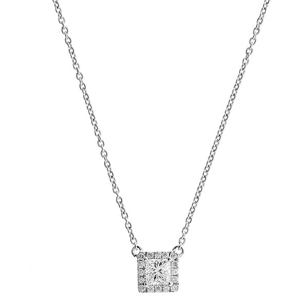 Square Pendant with Princess Cut Diamond Bordered by Halo of Round Diamonds in 18k White Gold