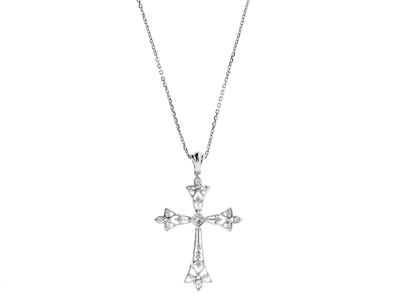 Cross Pendant with Milgrain Detail and Diamonds in 18k White Gold