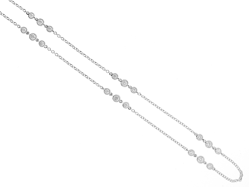18k White Gold Necklace with Bezel Set Diamonds Surrounded by Milgrain in 18k White Gold