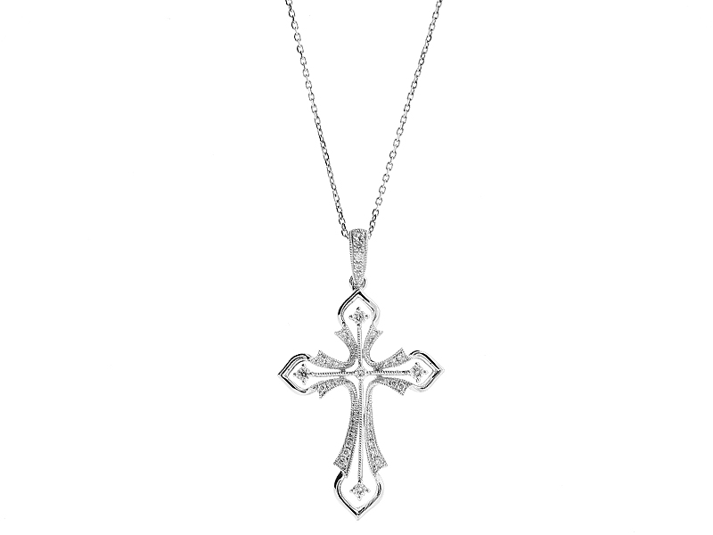Cross Pendant with Diamonds and Milgrain Detail in 18k White Gold