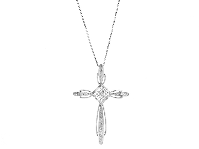 Cross Pendant with Diamonds and Milgrain Filigree in 18k White Gold