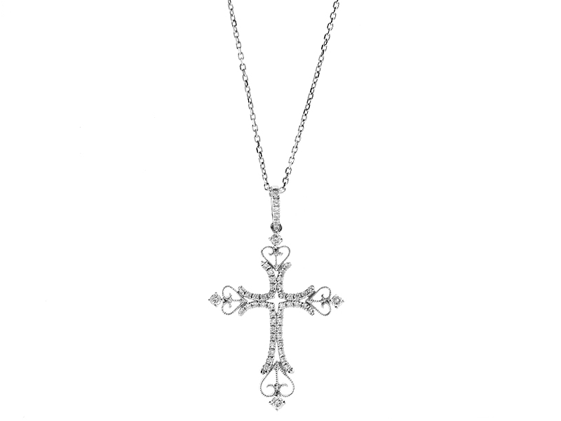 Cross Pendant with Heart Shaped Milgrain Filigree and Diamonds in 18k White Gold