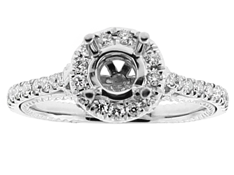Semi Mount Round Halo Engagement Ring with Diamonds in 18k White Gold