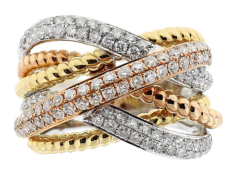 Tri Tone Cocktail Ring with Overlapping Design of Diamonds in 18k White, Yellow, and Rose Gold