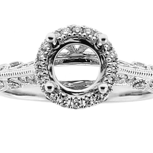 Semi Mount Round Halo Knife-Edge Engagement Ring with Beaded Milgrain and Diamonds in 18k White Gold