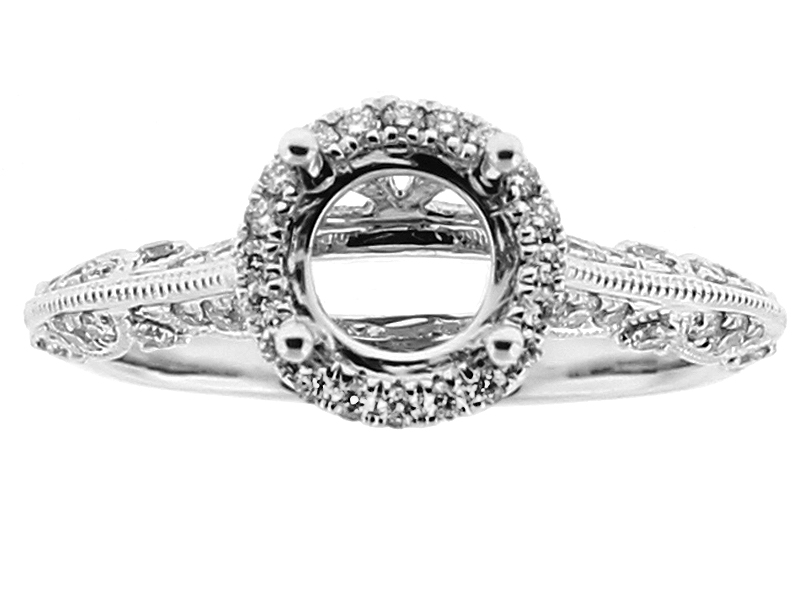 Semi Mount Round Halo Knife-Edge Engagement Ring with Beaded Milgrain and Diamonds in 18k White Gold