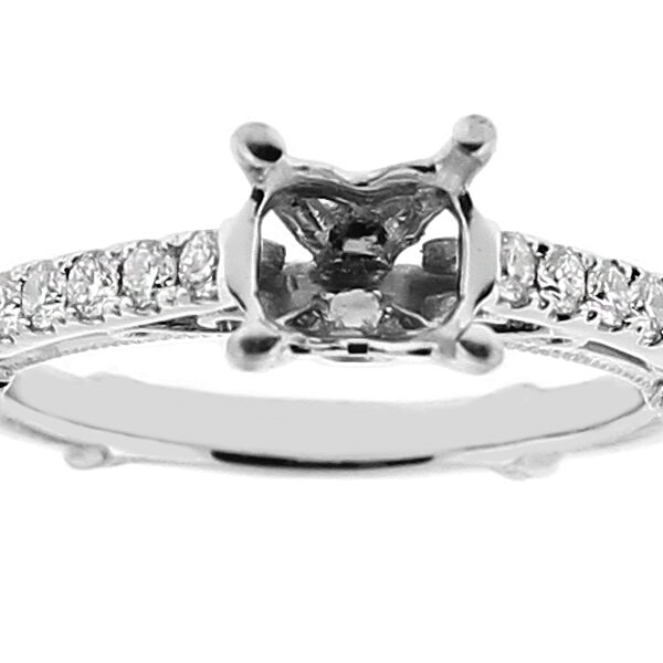 Semi Mount Milgrain Engraved Engagement Ring with Diamonds in 18k White Gold