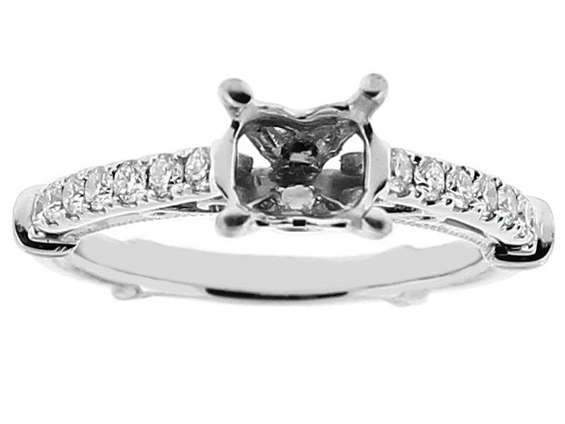 Semi Mount Milgrain Engraved Engagement Ring with Diamonds in 18k White Gold
