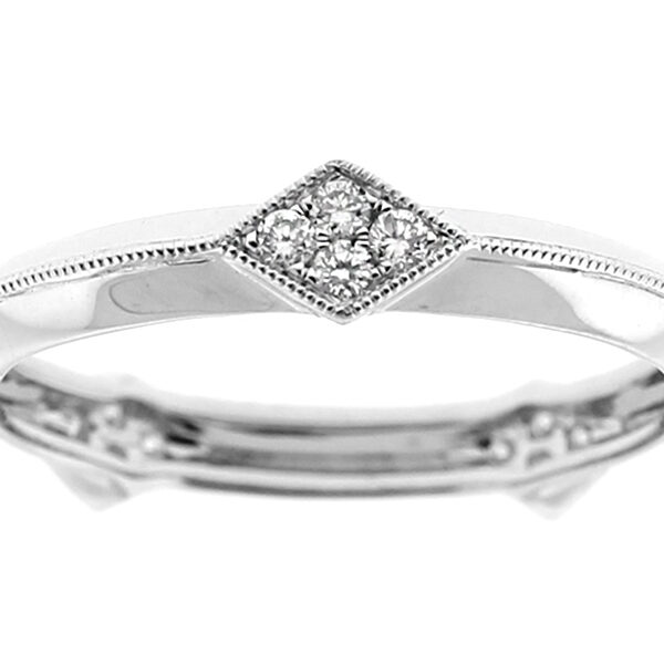 Milgrain Engraved Eternity Band with Diamond Shaped Design of Diamonds in 18k White Gold