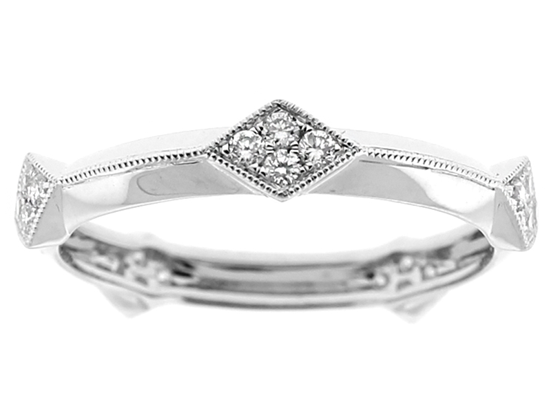 Milgrain Engraved Eternity Band with Diamond Shaped Design of Diamonds in 18k White Gold