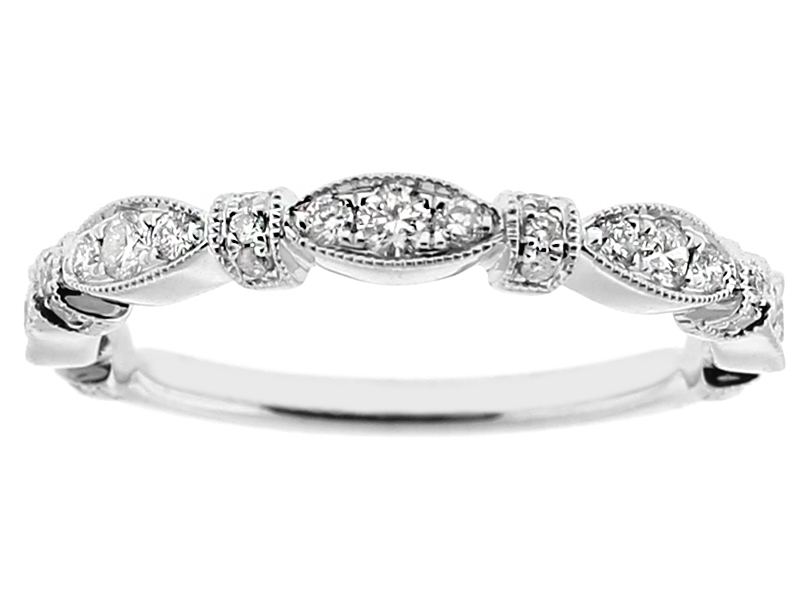 Ladies Milgrain Engraved Band with Diamonds in 18k White Gold