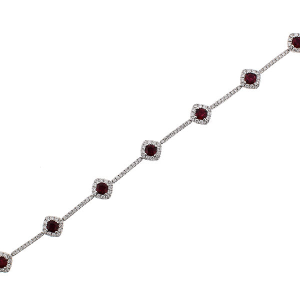 Ruby Tennis Bracelet with Halos of Diamonds in 18k White Gold