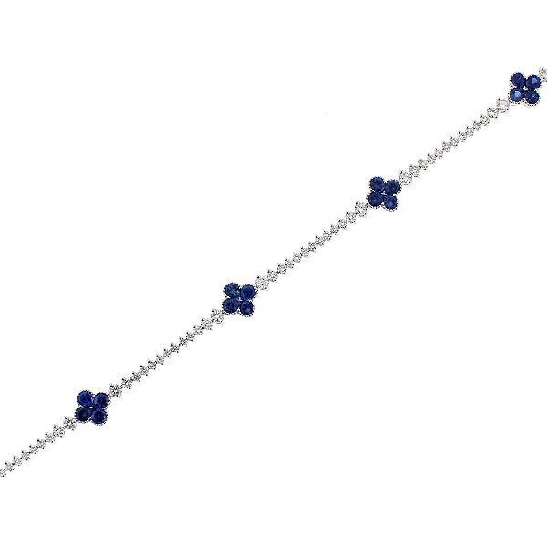 Clover Design Sapphire Bracelet with Milgrain Detail and Diamonds in 18k White Gold